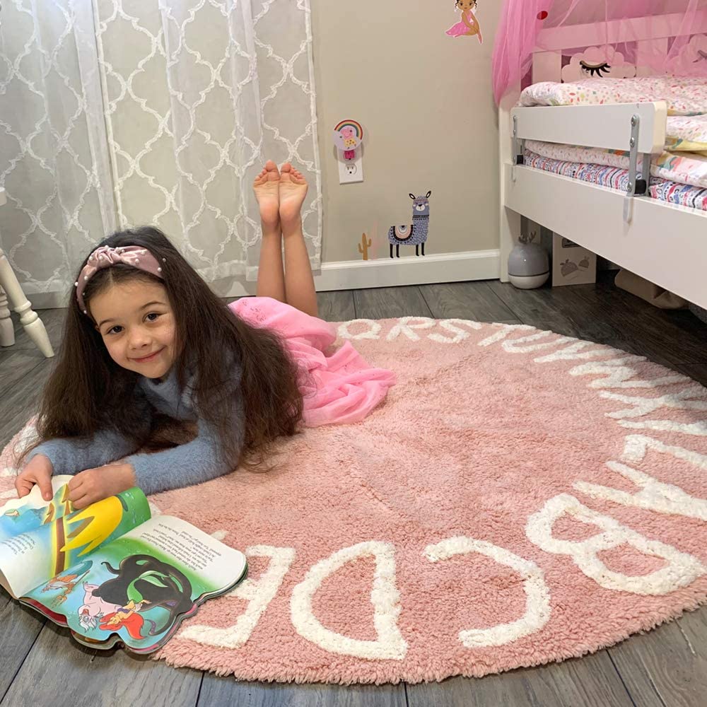 ABC Rugs For Kids Cotton Kids Round Nursery Rug 4ft For Boys And Girls Very Soft Kids Alphabet Rug Educational Area Rugs For Infant Toddlers Nursery Learning & Game Classroom Rugs